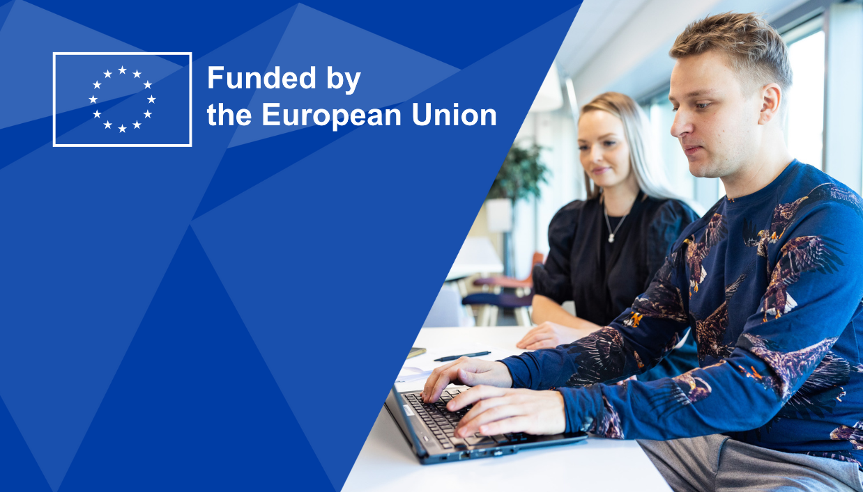 Logo: Funded by the Europian Union. Two people sitting next to each other and looking at a laptop screen.