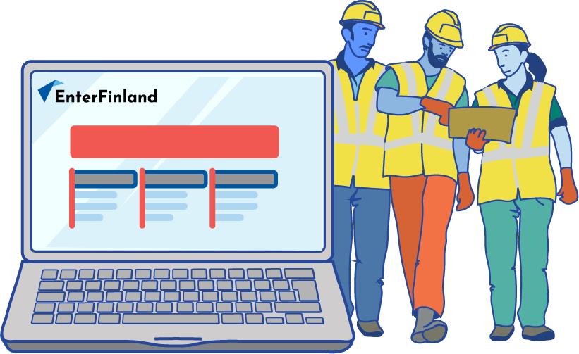 Kuvassa on kannettava tietokone, jossa on auki työnantajan Enter Finland. Ruudussa kuvataan työehtojen lisäämistä Enter Finlandissa.