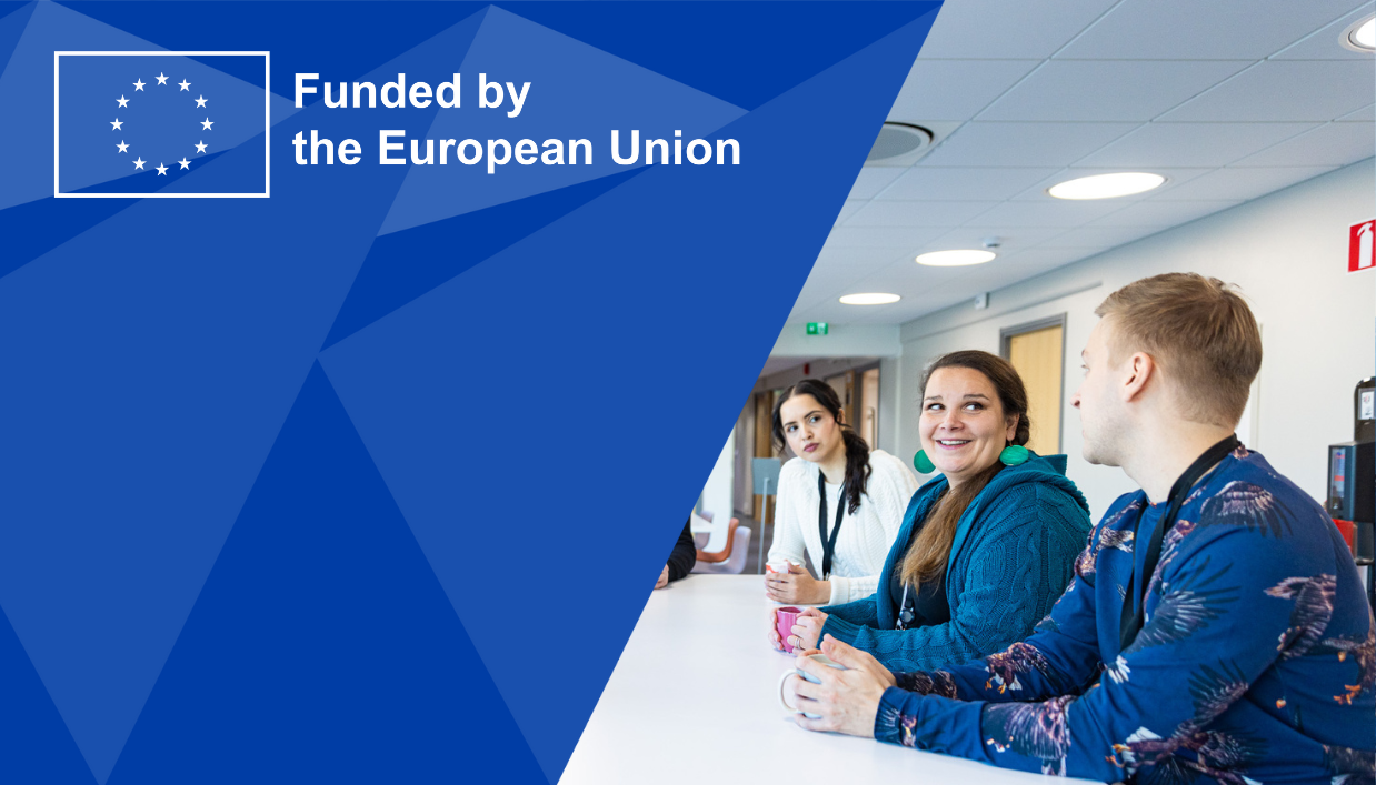 People are sitting at the table. Logo on the left: Funded by the European Union.
