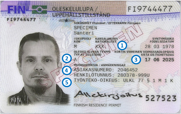 Front side of the A residence permit card.