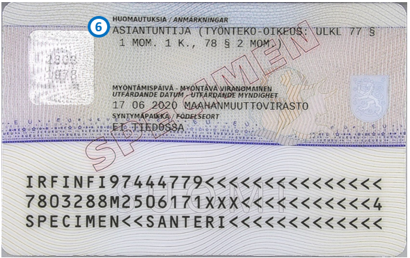 Back side of the A residence permit card.