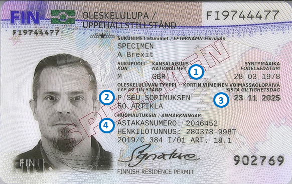 Front side of the Brexit residence permit card.