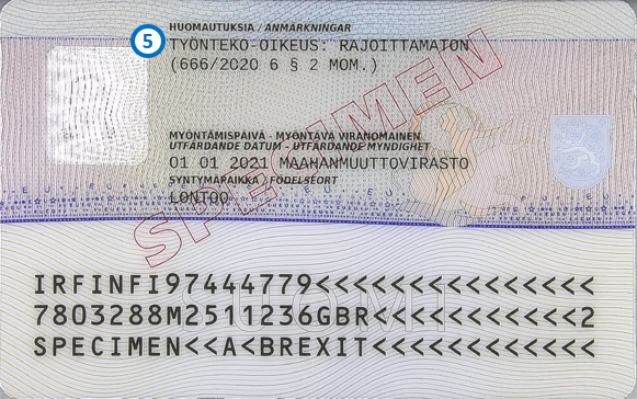 Back side of the Brexit residence permit card.