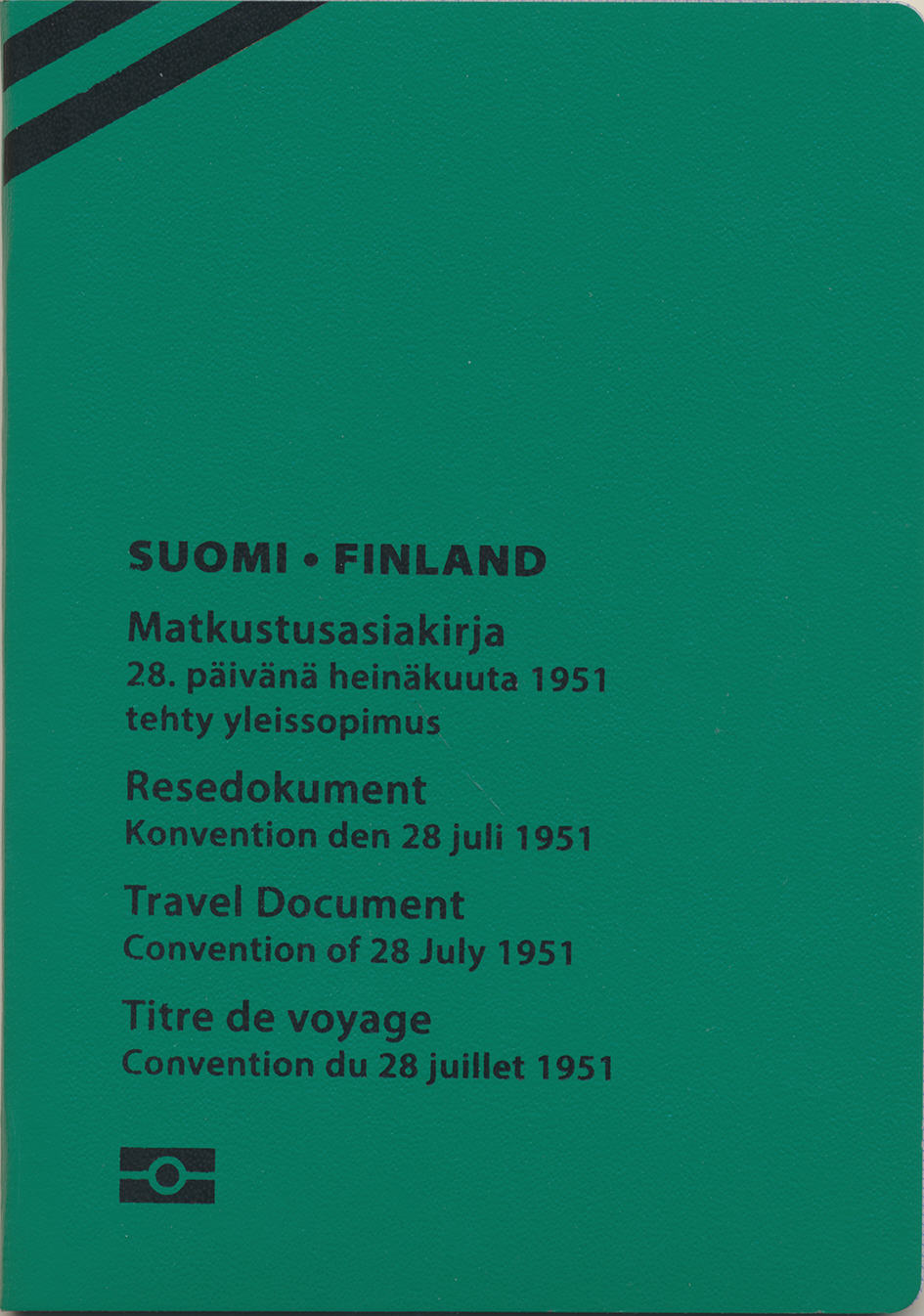 The green front cover of a refugee travel document issued by Finland. The front cover bears the heading ‘Travel Document, Convention of 28 July 1951’ in Finnish, Swedish, English and French. Printed above the language versions of the heading are the words ‘Suomi Finland’.